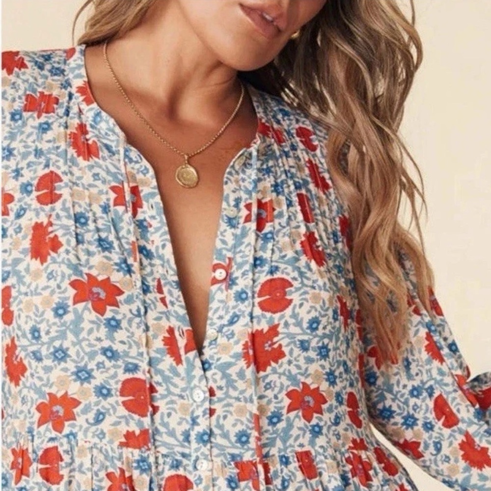 Spell & the Gypsy Collective Village Button down in Red and Blue Floral Dress L